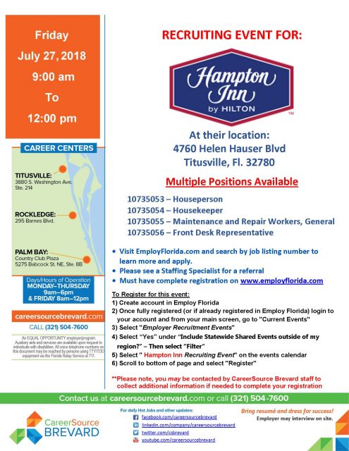 Recruiting Event Multiple Positions Hampton Inn Titusville